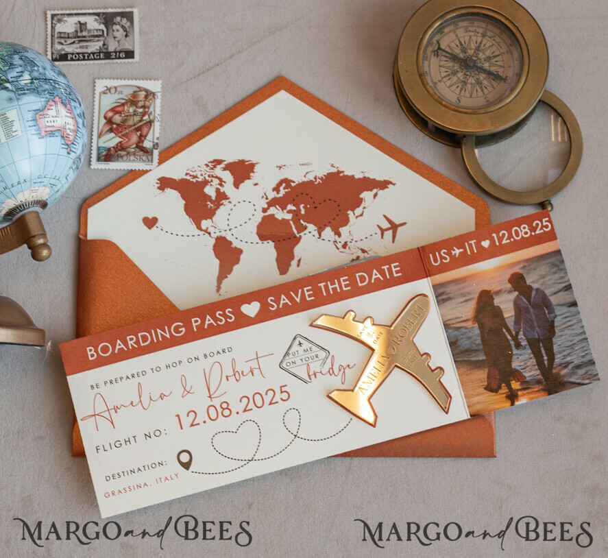 Terracotta golden airplane magnet with photo Save The Date Cards boardingpass travel airplane save the dates destination wedding magnets