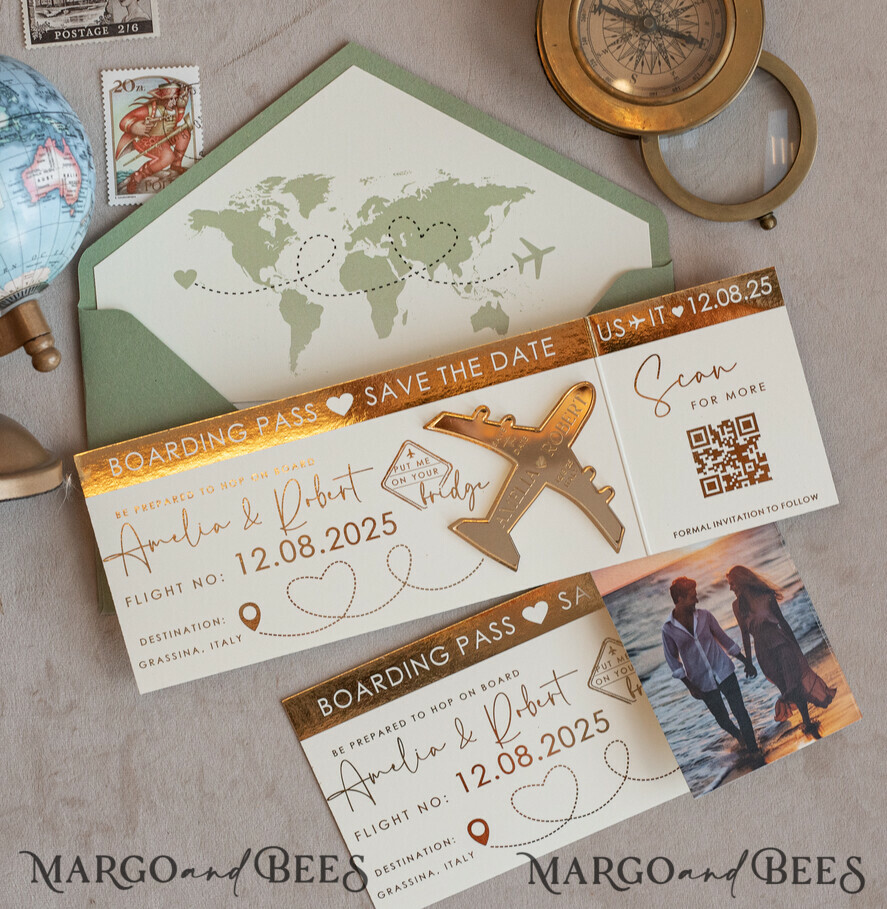 Sage green golden airplane magnet Save The Date Cards with Photo boardingpass travel airplane save the dates destination wedding magnets