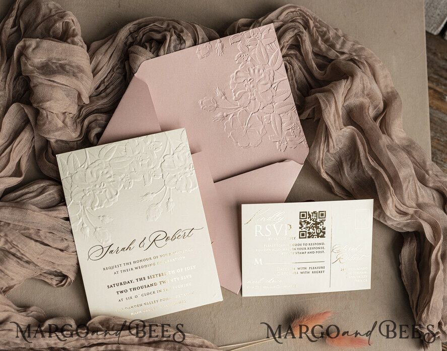 Fine Art Embossed Blind Blush Pink Gold Wedding Invitation, Golden deboss Roses Floral Wedding Invitation, Boho Ecru Debossed Invitation suite, Gold Foil wedding invitation suite, Wedding Invitations golden
