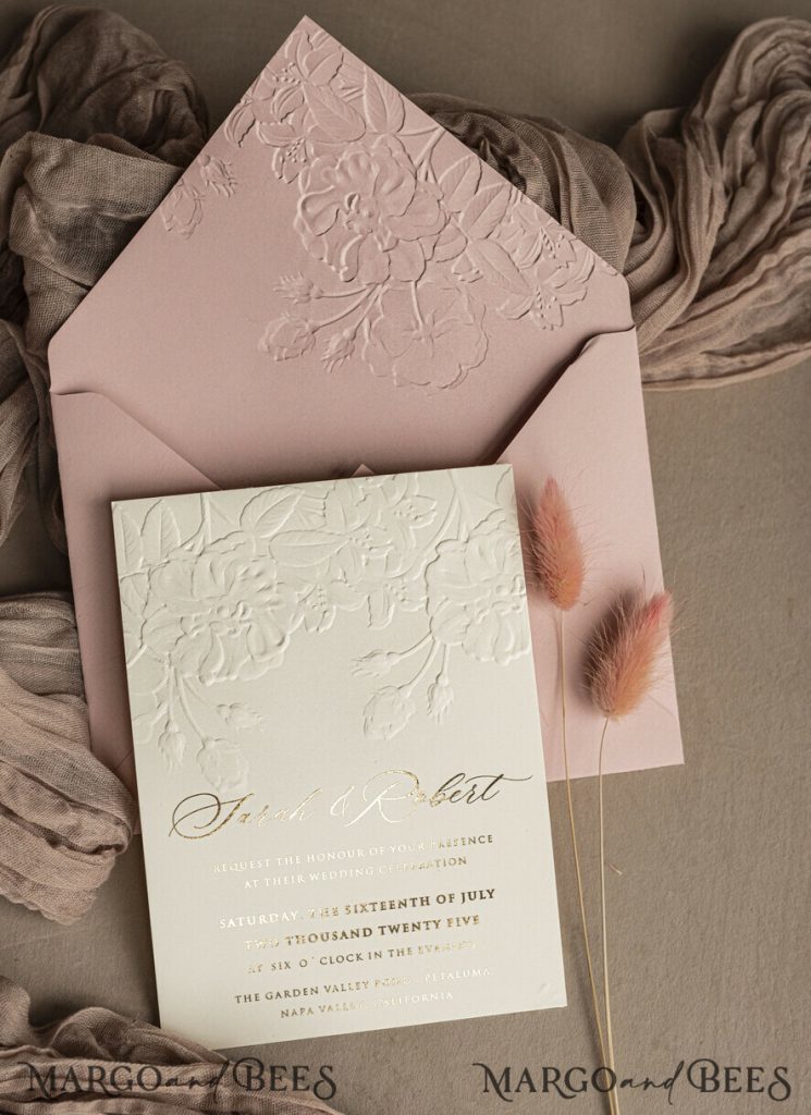 Fine Art Embossed Blind Blush Pink Gold Wedding Invitation, Golden deboss Roses Floral Wedding Invitation, Boho Ecru Debossed Invitation suite, Gold Foil wedding invitation suite, Wedding Invitations golden
