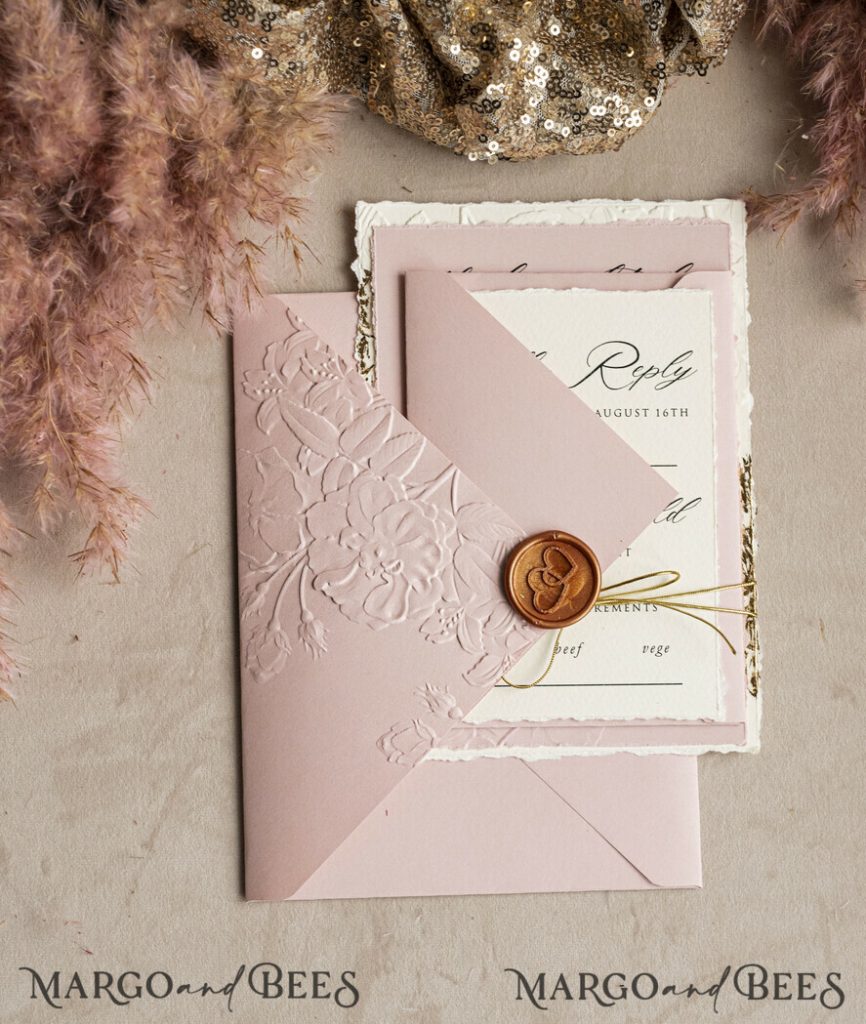 Bespoke Embossed Blind Ivory Gold Wedding Invitation, Golden deboss Roses Floral Wedding Invitation, Boho Ecru Blush Pink Debossed Invitation suite, Cotton paper wedding invitation suite, Deckled Edge Invites, Torn Edge Wedding Invitations golden
