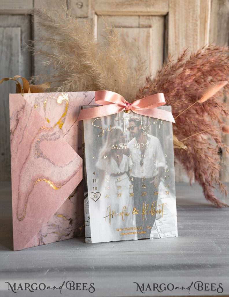 Pink Gold Marble Save the Date Cards with Photo, Vellum Save Our Dates with Photo Gold Foil Calendar Cards