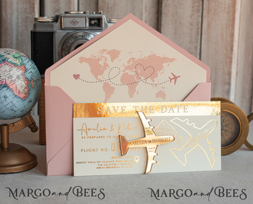 Golden Airplane Magnet Save the Date Cards: A Destination Wedding Announcement with Style