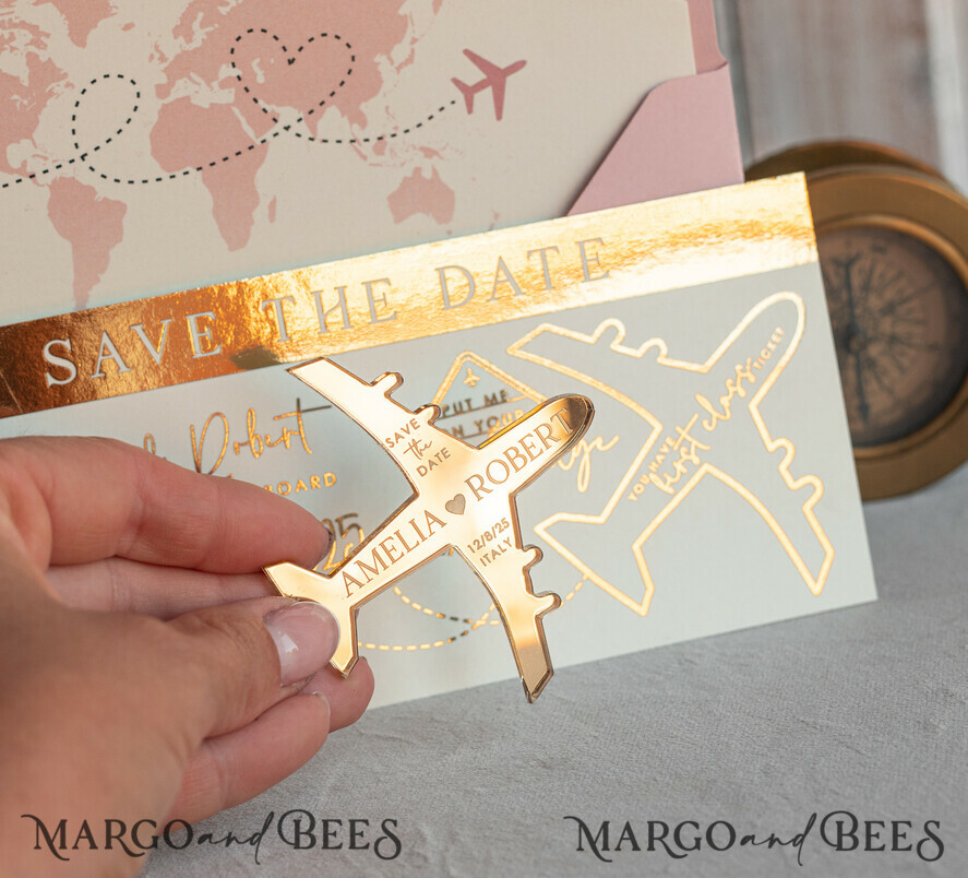 Blush Pink golden airplane magnet Save The Date Cards boardingpass travel airplane save the dates destination wedding magnets
