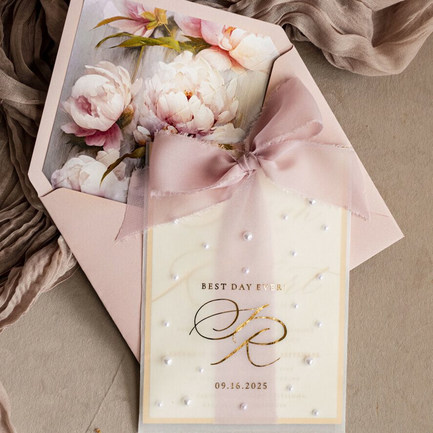 Blush Pink Chiffon bow beaded bespoke Elegant Peony Rose Gold Wedding Invitation Suite, White Perls Golden Wedding Cards, Boho golden folder Wedding Stationery, Vellum etui with monogram