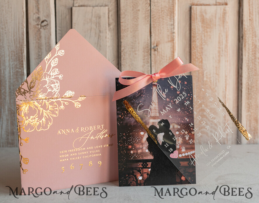 Blush Pink Calendar Clear Gold Save the Date Cards: Elegant Designs with Photo and Marble Accents