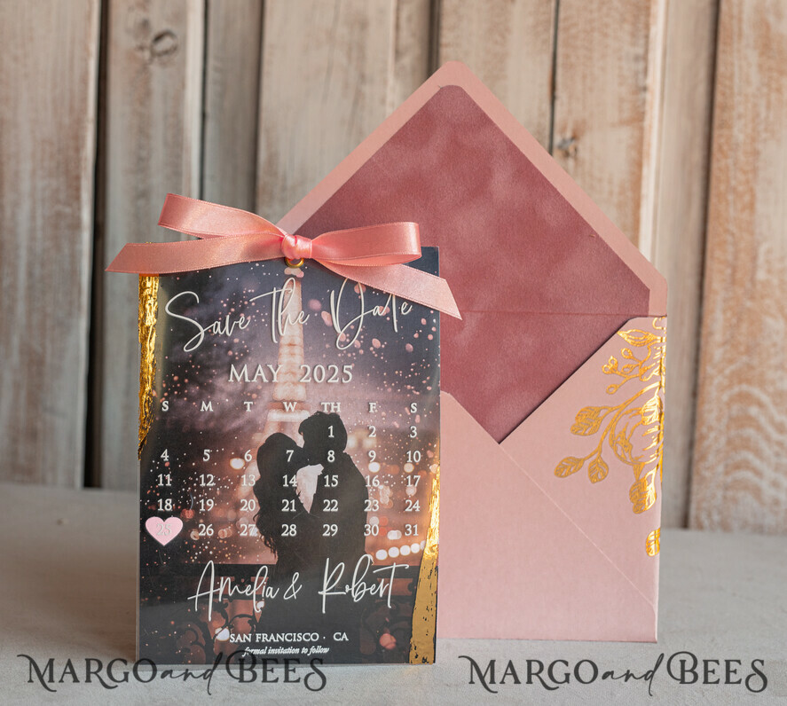 Blush Pink Callendar Clear Gold Save the Date Cards with Photo, Plexi Save Our Dates with Photo