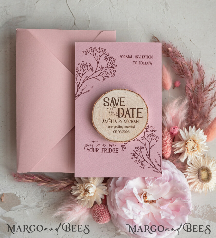 blush pink Rustic Save The Date Magnet & Card Modern Craft Save Our Date Wood Magnets Boho save dates Cards wooden slice Magnets folaral card