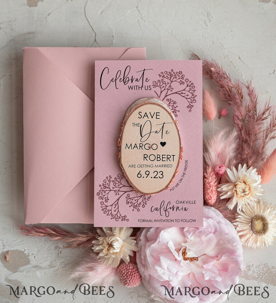 Blush Pink Wedding Save The Date Card and wooden slice Magnet, craft Save Our Date wood slice Magnets, Boho save our dates Cards wooden Magnets Cards, boho wedding save the date cards and slice magnets