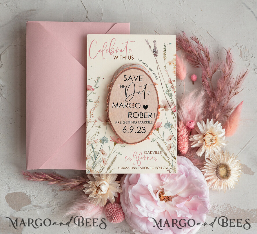 Blush Pink Wedding Save The Date Card and wooden slice Magnet, craft Save Our Date wood slice Magnets, Boho save our dates Cards wooden Magnets Cards, boho wedding save the date cards and slice magnets