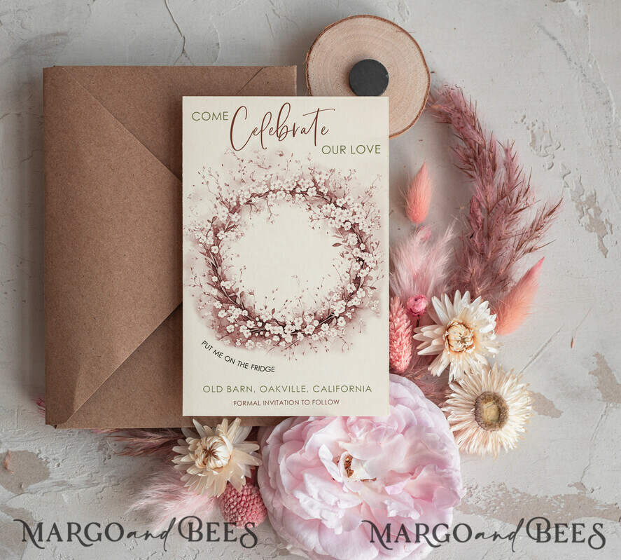 Blush Pink Rustic Save The Date Magnet & Card Modern Craft Save Our Date Wood Magnets Boho save dates Cards wooden slice Magnets folaral card