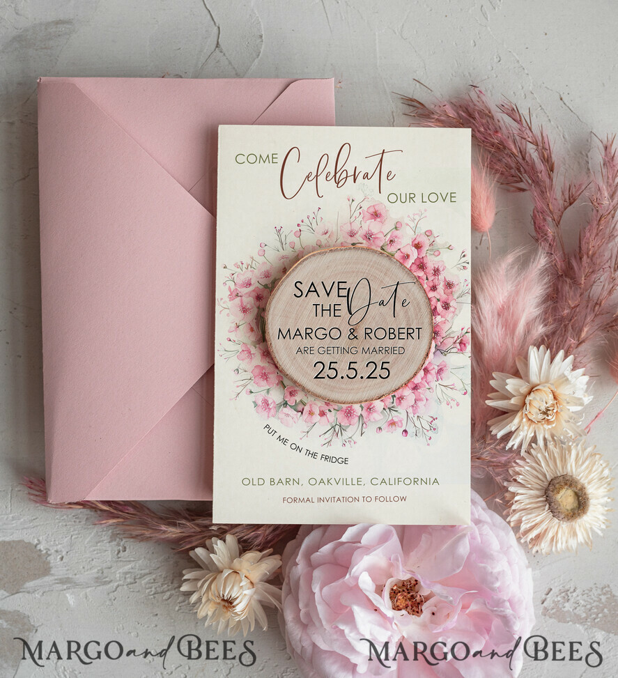 Blush Pink Floral Save the Date Cards with Wooden Magnet: Rustic Boho Design