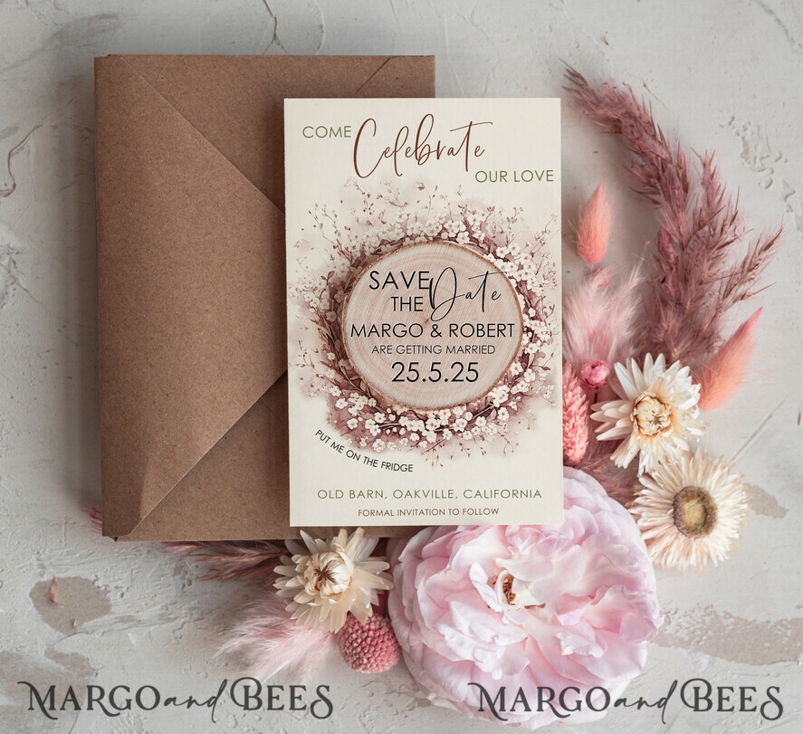 Blush Pink Rustic Save The Date Magnet & Card Modern Craft Save Our Date Wood Magnets Boho save dates Cards wooden slice Magnets folaral card