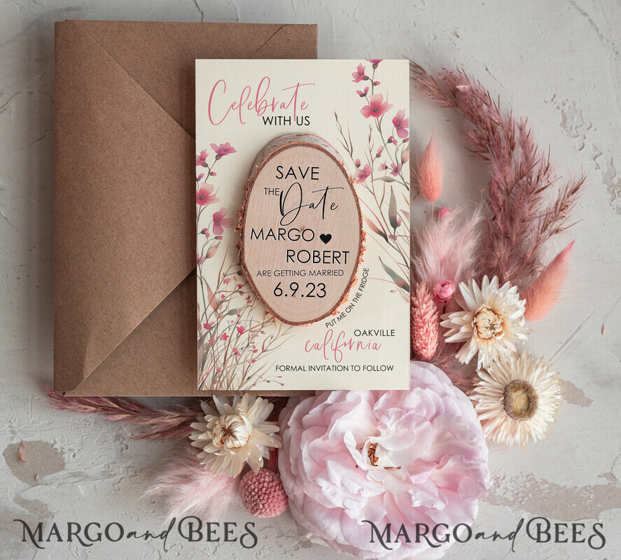 Blush Pink Save the Date Cards with Wooden Magnets: Boho Elegance for Your Wedding