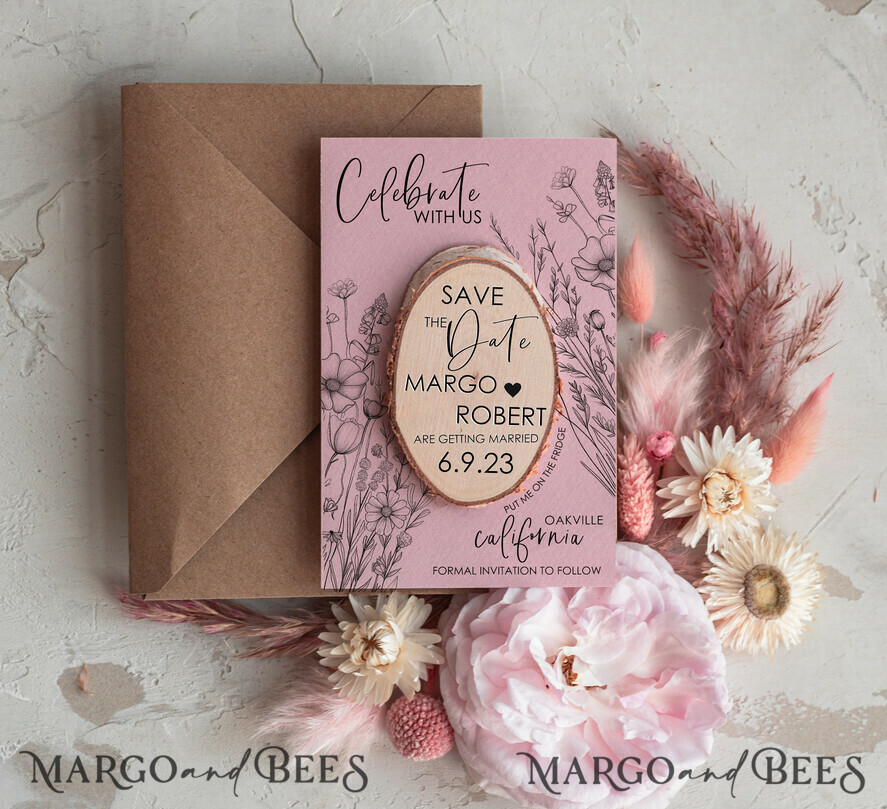 Blush Pink Wedding Save The Date Card and wooden slice Magnet, craft Save Our Date wood slice Magnets, Boho save our dates Cards wooden Magnets Cards, boho wedding save the date cards and slice magnets