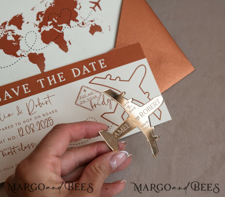 Terracotta golden airplane magnet Save The Date Cards boardingpass travel airplane save the dates destination wedding magnets