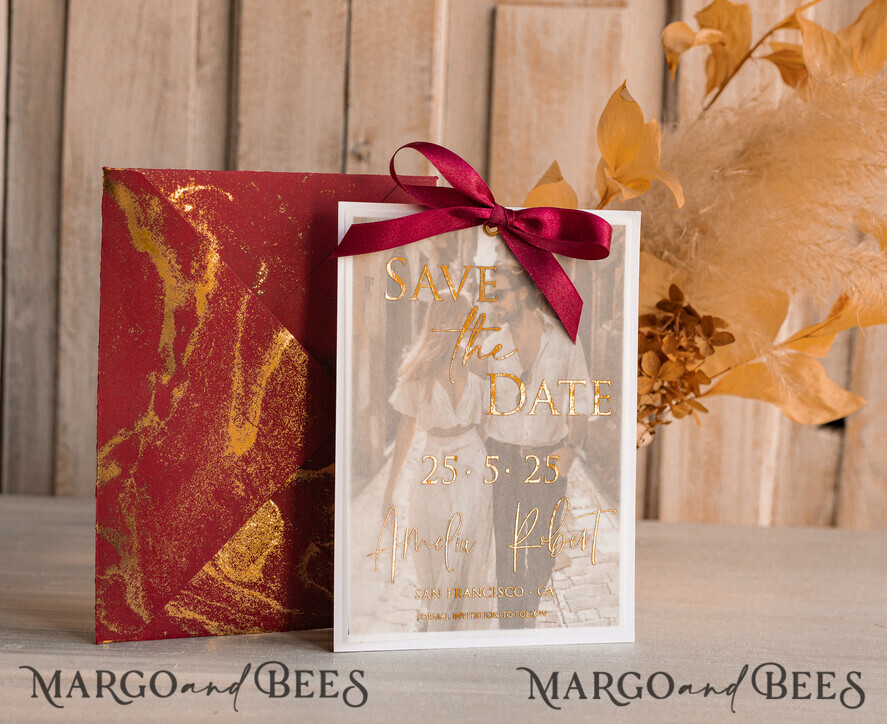 Maroon Gold Marble Save the Date Cards with Photo, Burgundy Vellum Save Our Dates with Photo Gold Foil Calendar Cards