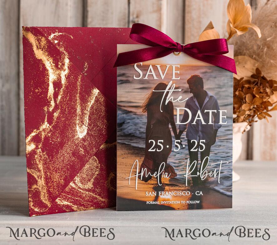 Callendar Clear Blush Pink Marble Gold Save the Date Cards with Photo, Plexi Clear Save Our Dates with Photo