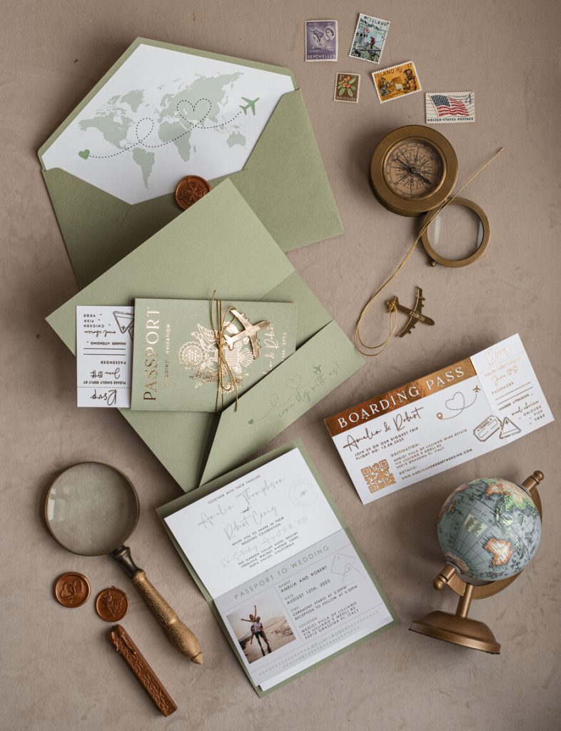 Gold Sage green Passport Wedding Invitation, Golden Wedding Cards Boarding Pass, Greenry Travel Passport Wedding Invitations Abroad, Destination Greece Wedding Invites, Tuscany Travel Map Wedding Stationary Italy World map
