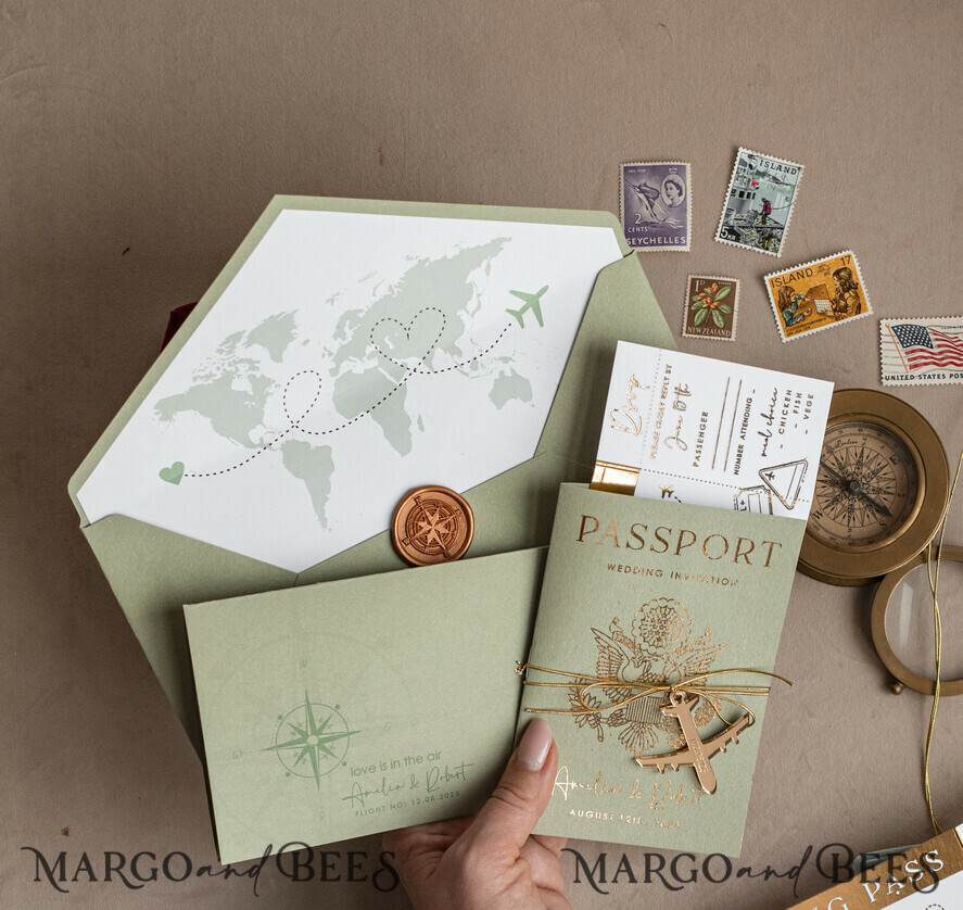 Gold Sage green Passport Wedding Invitation, Golden Wedding Cards Boarding Pass, Greenry Travel Passport Wedding Invitations Abroad, Destination Greece Wedding Invites, Tuscany Travel Map Wedding Stationary Italy World map
