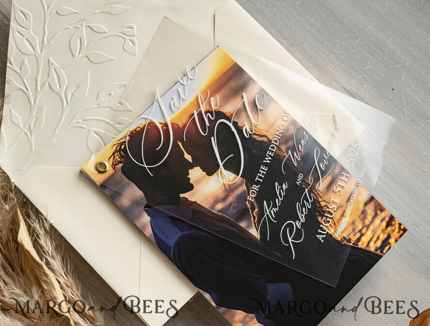 Embossed Save the Date Cards with Photo, Ivory Plexi Clear Save Our Dates with Photo