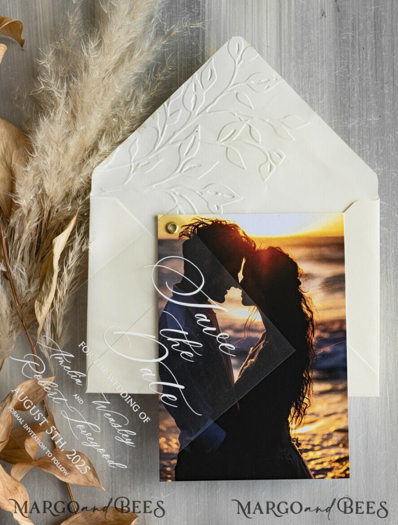 Embossed Save the Date Cards with Photo, Ivory Plexi Clear Save Our Dates with Photo