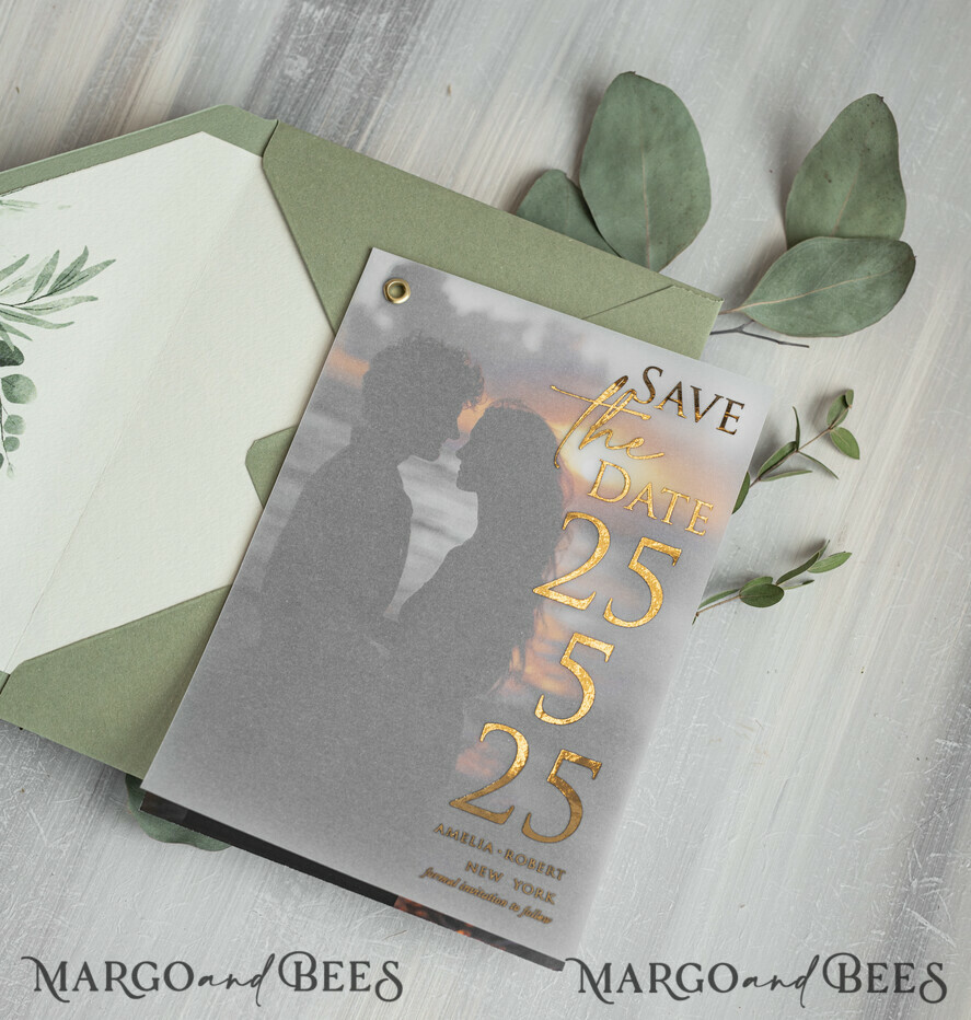 sage green Gold eucalyptus Save the Date Cards with Photo, Vellum Save Our Dates with Photo Gold Foil Calendar Cards
