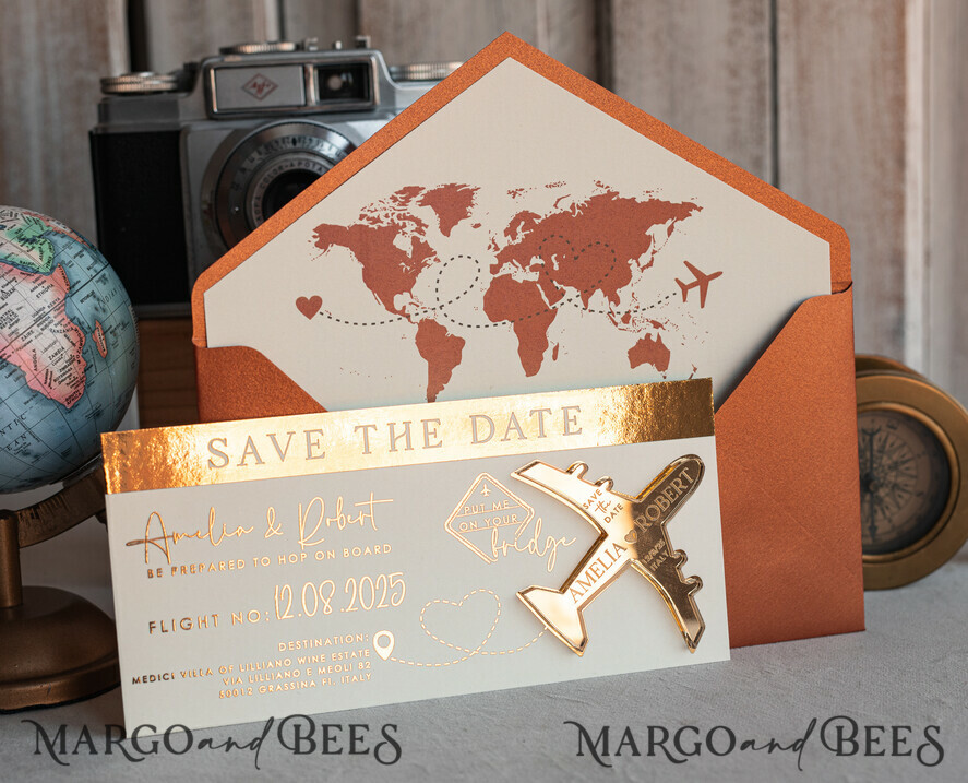 Terracotta golden airplane magnet Save The Date Cards boardingpass travel airplane save the dates destination wedding magnets