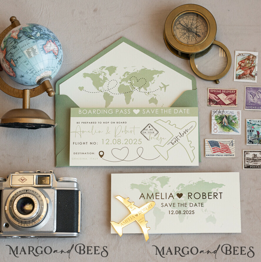 Sage green golden airplane magnet Save The Date Cards boardingpass travel airplane save the dates destination wedding magnets