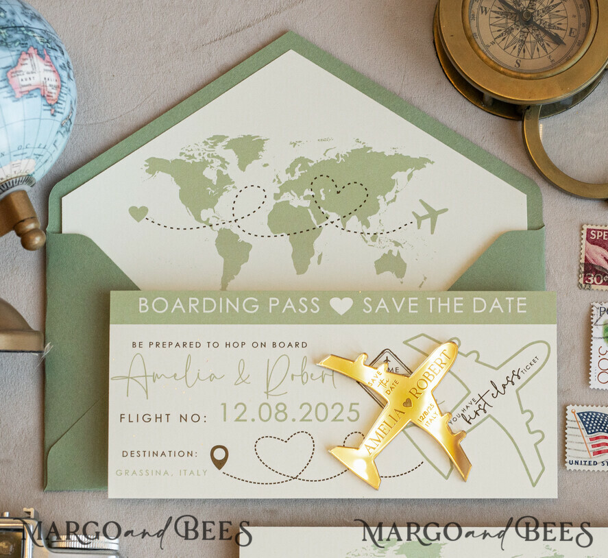 Sage green golden airplane magnet Save The Date Cards boardingpass travel airplane save the dates destination wedding magnets