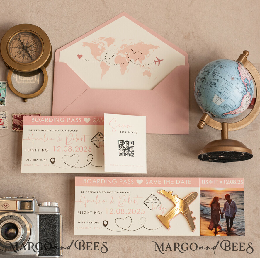 Pink Blush golden airplane magnet Save The Date Cards with Photo boardingpass travel airplane save the dates destination wedding magnets