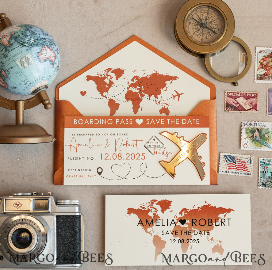 Terracotta golden airplane magnet Save The Date Cards boardingpass travel airplane save the dates destination wedding magnets