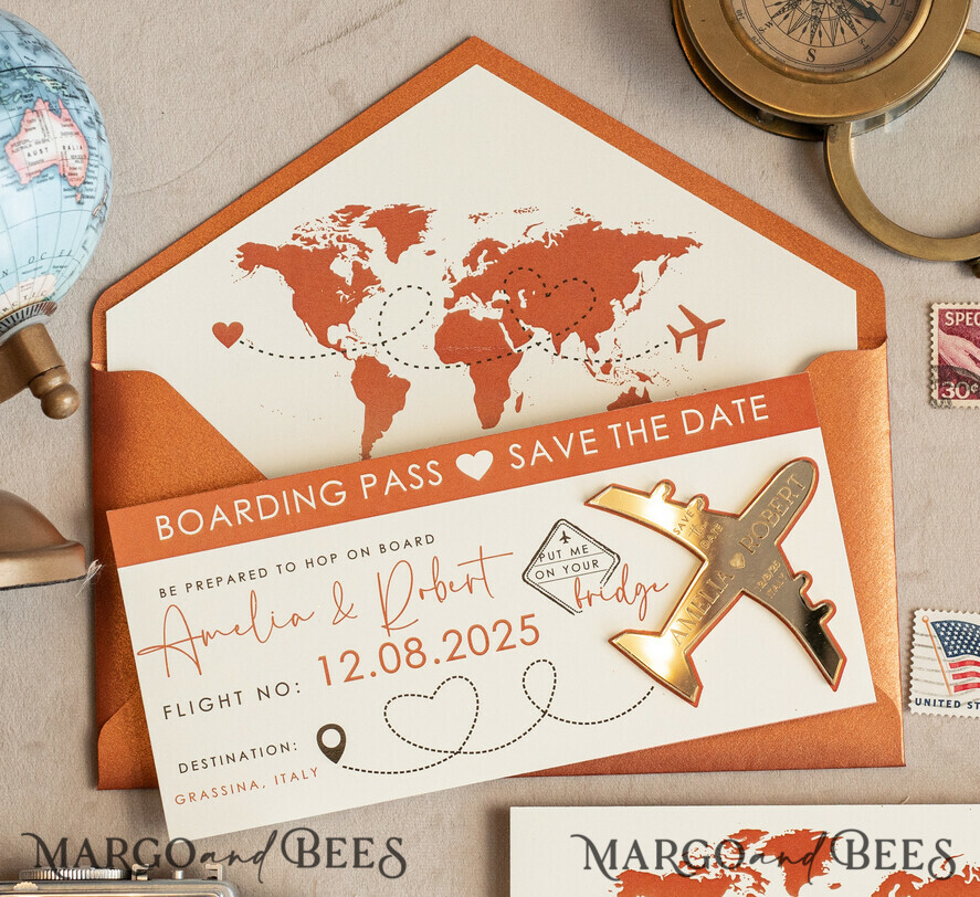 Terracotta golden airplane magnet Save The Date Cards boardingpass travel airplane save the dates destination wedding magnets