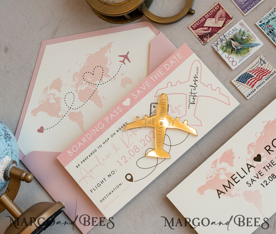 Elegant Travel-Themed Save the Date Cards with Golden Airplane Magnets