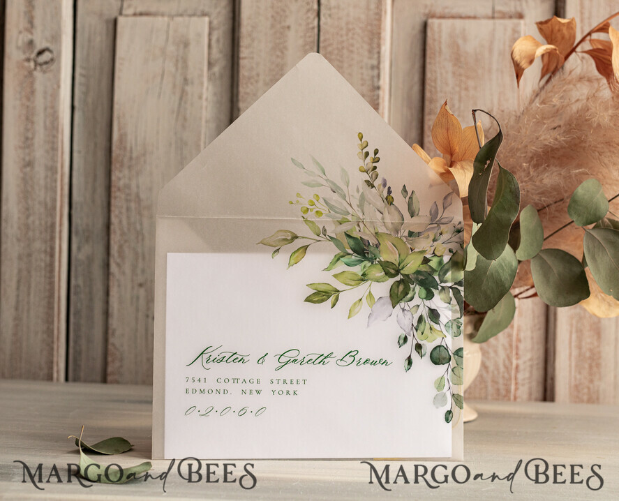 Callendar Clear Sage green Gold Save the Date Cards with Photo, Plexi Clear Save Our Dates with Photo