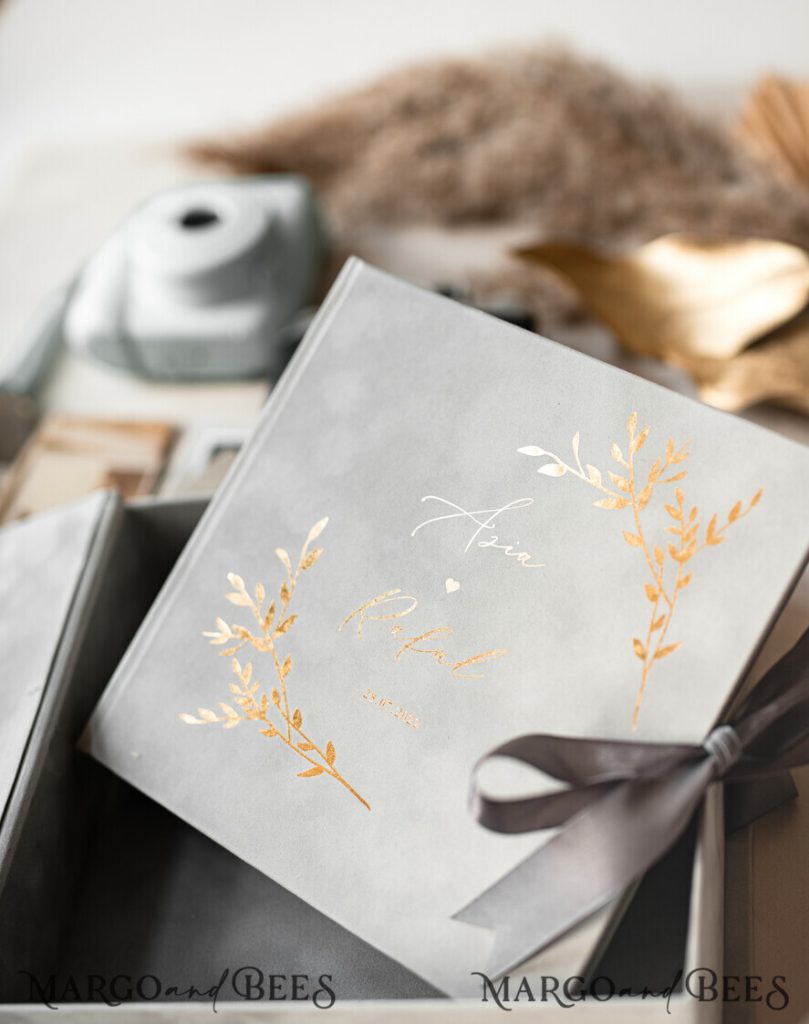 Grey Gold Presonalised Wedding Guest Book, Velvet Memory Photo Wedding , Luxury Wedding Guest Book, Polaroid velvet Guest book
