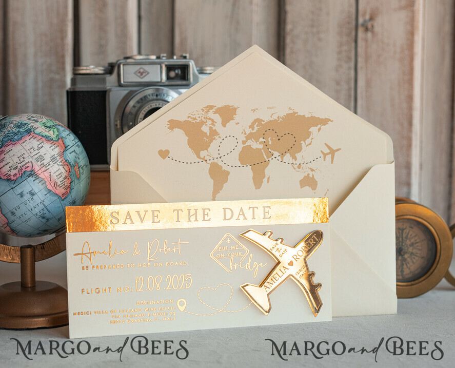 Ivory golden airplane magnet Save The Date Cards boardingpass travel airplane save the dates destination wedding magnets
