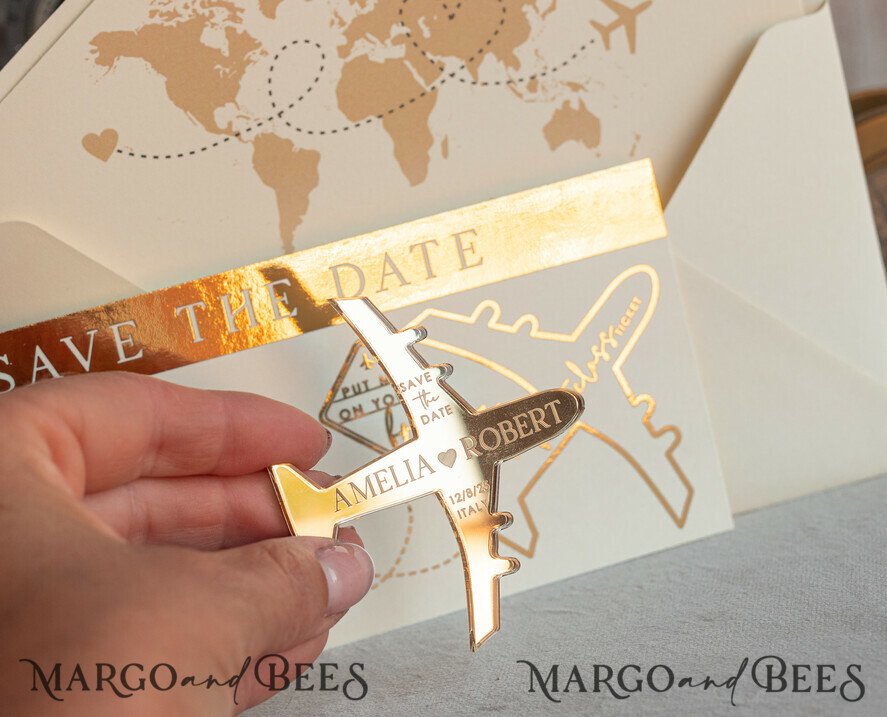 Ivory golden airplane magnet Save The Date Cards boardingpass travel airplane save the dates destination wedding magnets
