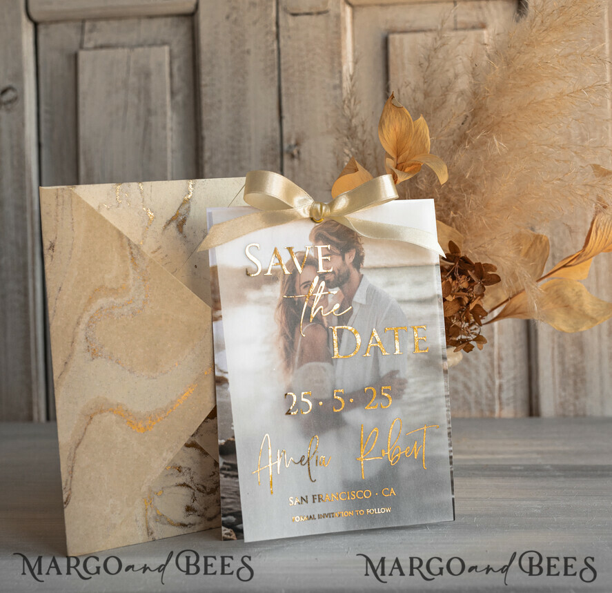 Ivory Gold Marble Save the Date Cards with Photo, Vellum Save Our Dates with Photo Gold Foil Calendar Cards