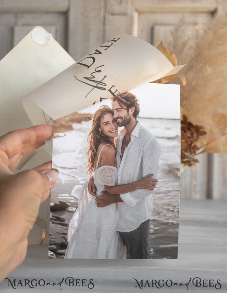 Ivory Gold Marble Save the Date Cards with Photo, Vellum Save Our Dates with Photo Gold Foil Calendar Cards