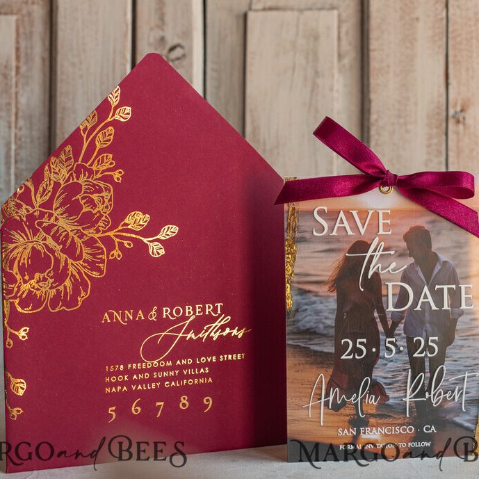 Maroon Burgundy Callendar Clear Gold Save the Date Cards with Photo, Plexi Save Our Dates with Photo