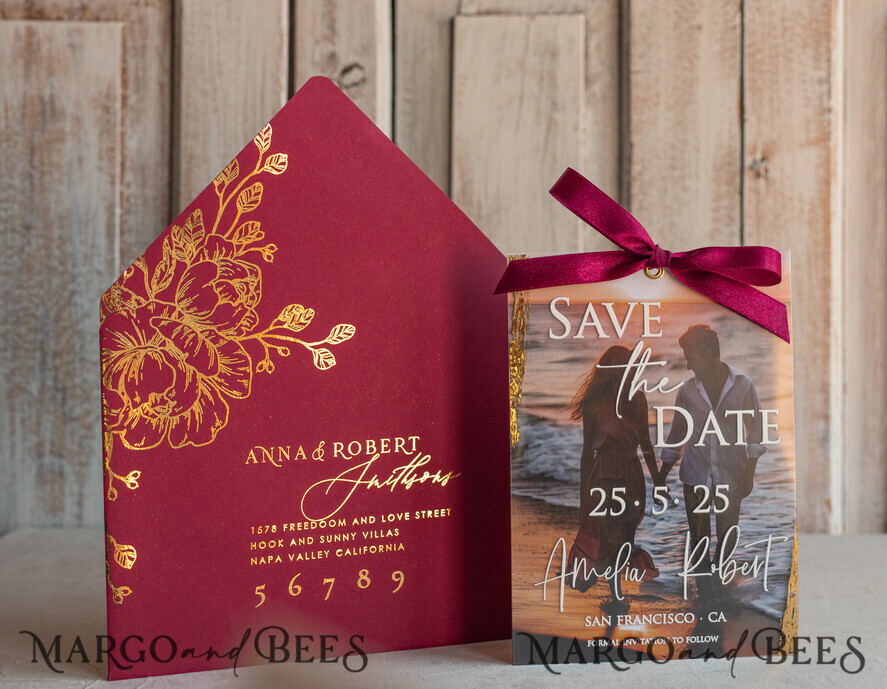 Elegant Maroon and Gold Marble Save the Date Cards with Photo: Luxe and Timeless Designs