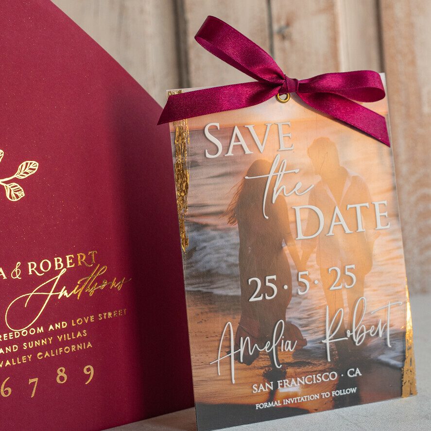 Maroon Burgundy Callendar Clear Gold Save the Date Cards with Photo, Plexi Save Our Dates with Photo