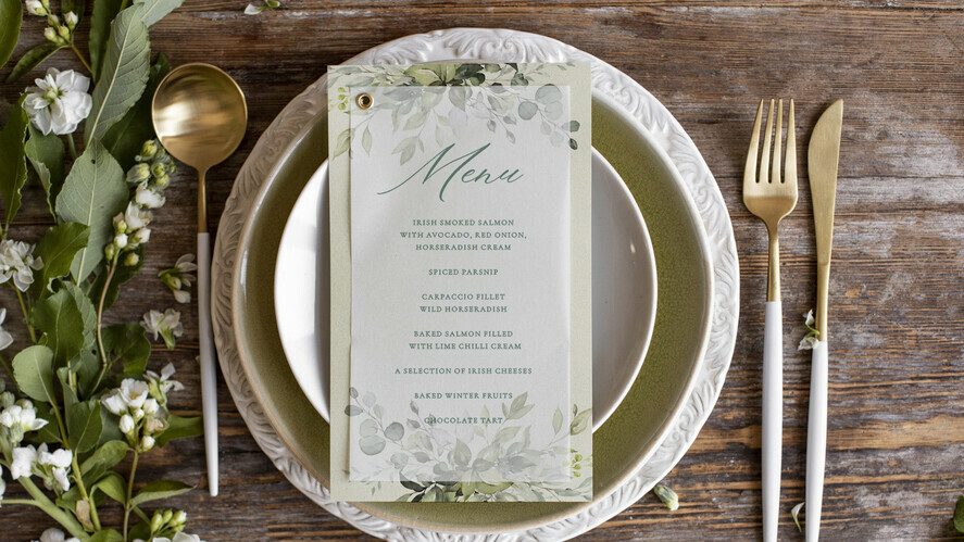 Olive Branch Greenery Table Wedding Menu, Rustic Italian Menu With Vellum, Simple Whimsical Menu, Tuscany Watercolor Olive Branch Menu, Mediterranean Menu cards
