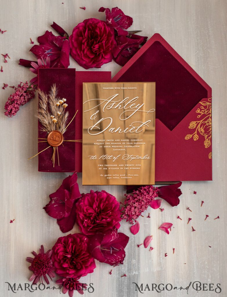 Burgundy Mirror gold Wedding Invitations, Elegant Garden Wedding Cards, maroon Acrylic Wedding Invites, Pampass Grass Gold Plexi Wedding Invitation Suite
