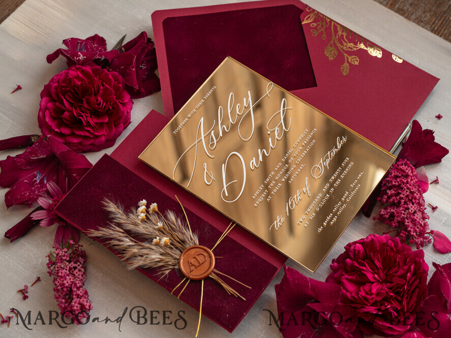 Burgundy Mirror gold Wedding Invitations, Elegant Garden Wedding Cards, maroon Acrylic Wedding Invites, Pampass Grass Gold Plexi Wedding Invitation Suite
