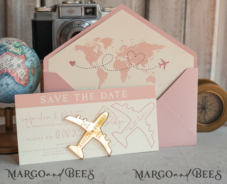 Golden Airplane Magnet Save The Date Cards: Boarding Pass Travel-Themed Destination Wedding