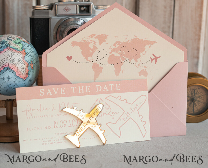 Pink Blush golden airplane magnet Save The Date Cards boardingpass travel airplane save the dates destination wedding magnets