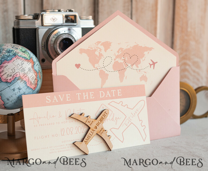 Blush Pink Wooden airplane magnet Save The Date Cards boardingpass travel airplane save the dates destination wedding magnets