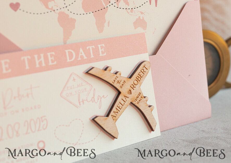 Blush Pink Wooden airplane magnet Save The Date Cards boardingpass travel airplane save the dates destination wedding magnets